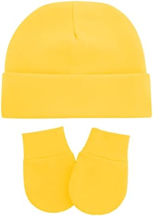 UTTPLL Baby Hats Mittens Set Unisex Newborn Beanie Cap No Scratch Cotton Gloves Toddler Boy Girl Hospital Hat 0-6 Months Yellow One Size