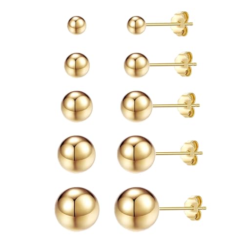 ToHeart 5 Pairs 14K Gold Plated Stud Earrings for Women Sizes 3-7MM Hypoallergenic Lightweight Small Ball Earrings Multiple Piercing Earrings Set