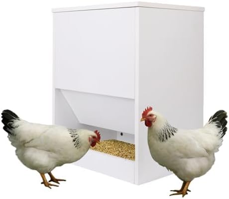 Chicken Feeders & Poultry Feeding Equipment, 10LB White Wooden Feeder, Durable Automatic-Style No Waste Trough for Backyard Chickens, Bantams & Turkeys