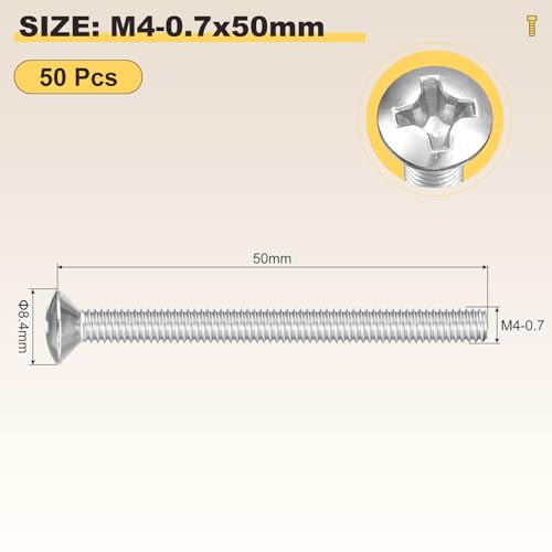 Image of METALLIXITY Semi-Countersunk Oval Head Machine Screws (M4-0.7x50) 50Pcs, 304 Stainless Steel Phillips Cross Recessed Machine Screw Bolts - for Furniture Assembly DIY Projects, Silver