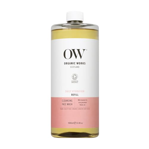 Organic Works Limpiador facial de 1000 ml, con vitamina E, geranio rosa y aloe vera, limpiador diario suave para todo tipo de piel, 98.99% natural, 22.1% orgánico, vegano y libre de crueldad animal