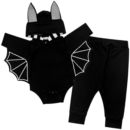 Xuomuen Newborn Baby Halloween Day Cosplay Clothes Bat Costume Set Infant Black Bodysuit with Wings and Pants Hooded with Ears 0-3 Months