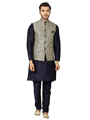 Image of UnM Men's Art Silk Uri and MacKenzie Navy Blue Kurta Pyjama with Grey Jacket (42)