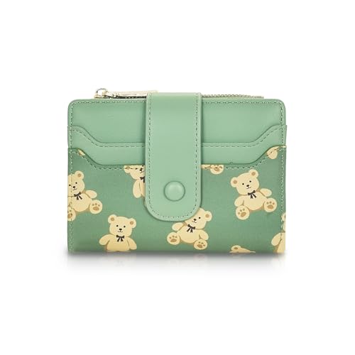AfitLulu Cute Wallet for Women, Bear Print Zip Bifold Wallet with Front Card Slot, ID Window, Cash Slot, Short Women Wallet Elegant Youthful and Cute (Green)