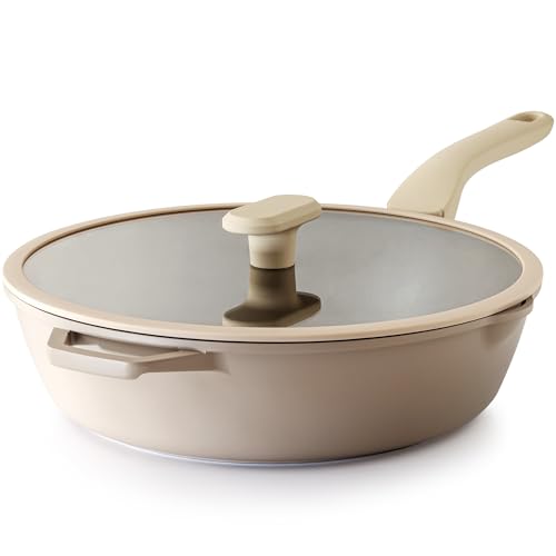 PRICUSIS Nonstick Deep Frying Pan with Glass Lid, 12 Inch (4.8 qt), 5X Durable Nonstick Saute Pan, Scratch & Stain Resistant, PFOA Free, Induction Compatible, Dishwasher & Oven Safe, Natural Linen