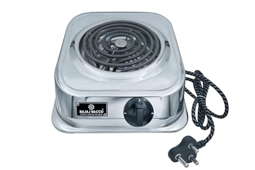 Image of BAJAJ VACCO Electric Coil Hot Plate, 1250 Watt, Stainless Steel Body, with Regulator, ISI Marked Theeta Coil Element, Silver New