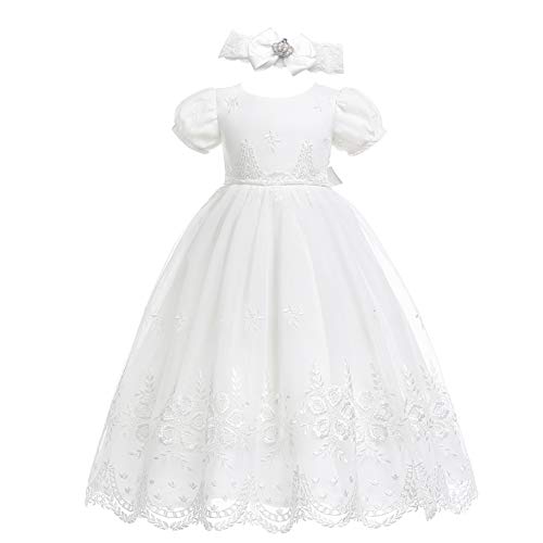 Glamulice Baby Girls Newborn Satin Christening Baptism Floral Embroidered Dress Gown Outfit Lace Formal Party Dresses (Label Size 3M / 0-6 Months, Off White Dress & Headband)