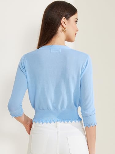 Image of Allegra K Women Cropped Cardigans 3 /4 Sleeve Button Down Lightweight Knit Shrug Cardigan Casual Summer Tops Small Blue
