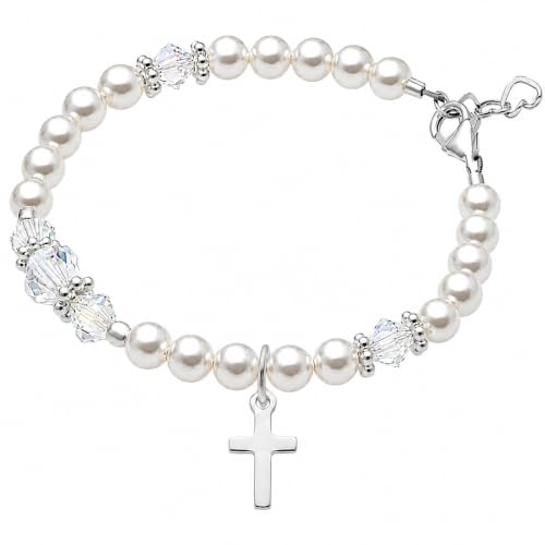 Image of Baby Crystals Personalized Baptism Gifts for Girl Sterling Silver Cross Pearl Bracelet