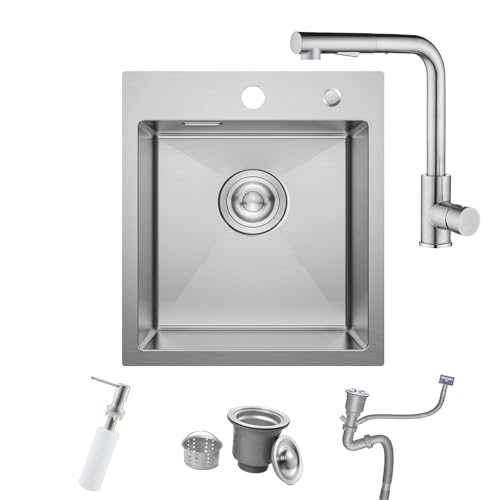 BoomHoze 40 x 45 cm Evier Cuisine Inox 1 Bac avec Robinet de Cuisine Extractible, Petit Evier de Cuisine sous Plan/sur Plan avec Distributeur de Savon, Brossé