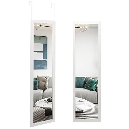 RELAX4LIFE Miroir Accroche Porte 119x33cm Cadre Alliage d'Alu Verre avec Film Antidéflagrant, Miroir Porte Suspendu pour Chambre Vestiaire Entrée, Blanc