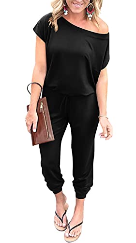 DEARCASE Mujer Suelto Casual Fuera del hombro Mono Corto Larga Cintura Elástica Mameluco Elástico con Bolsillos Cover