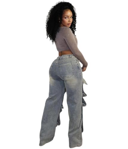 Women's High Waist Work Jeans, Straight Wide Leg, Loose Fit, Removable Stitching, Asymmetric, Stretch Denim