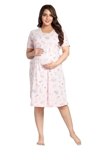 Image of Fabme Women's Above Knee Length Printed Pre and Post Pregnancy Pure Cotton Nursing Nightdress Nighty