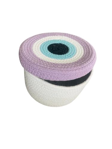 Image of Round Cotton Rope Evil Eye Storage Basket with Lid, Decorative Woven Storage Bin, Pot, Caddy, Organizer, Container for Snacks, Plants, 8x8x5 Inches Multicolor (Purple)