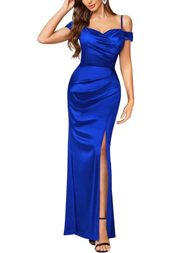 Miusol Women's Sexy Off Shoulder Satin High Split Ruched Style Evening Party Maxi Dress (X-Large, Royal Blue)