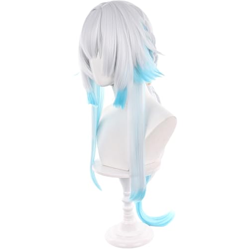 Image of Anime White Gradient Blue Wigs with Bangs Women Long Straight Wig with Braids and Ponytail Cery Adult COS Game Empress Wigs Halloween,Christmas,Comic con,Game Show,Party
