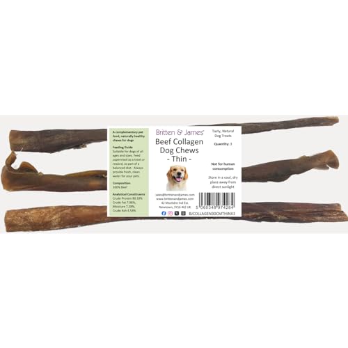 Britten and James 3 Thin Beef Collagen Sticks for Dogs (30cm length). Natural Dental Chew Dog Treat, Long Lasting