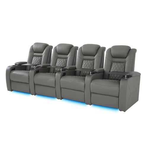 Home Theater Seating, Classic Series Leather Movie Theater Chairs, Power Headrest and Memory with C-Type USB Charger, 7-Color Ambient Lighting and Tray Table, Gray Power Adjustable Recliner(Row of 4)