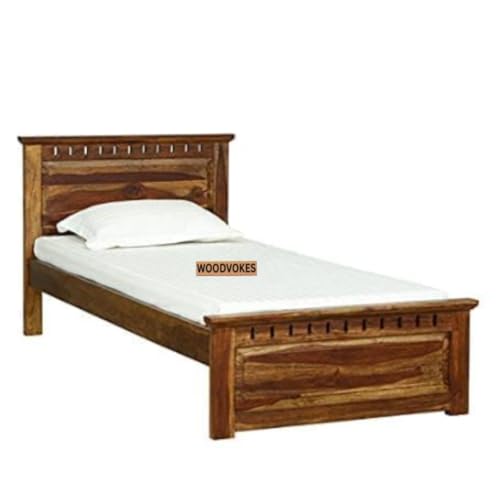 Image of Solid Sheesham Wood Single Bed with Headboard & Footboard | Sturdy Wooden Cot for Bedroom, Hostel & PG | Modern Design Single Wooden Bed Frame (Mattress Not Included) (Natural)