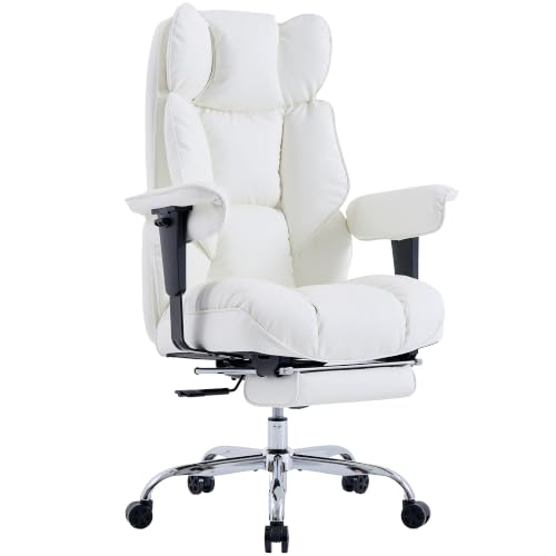 Image of Efomao Executive Office Chair 400lbs,White Big and Tall Desk Chair | Mattress-grade pocket spring cushion, sleek leather, 135 recline & footrest for computer gaming setup.