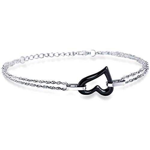 Joielavie Bracelet pour Femme Fille en Acier Céramique avec Petit Cœur Double Rangs Lien Classique Chaîne de Main Bijoux Cadeau Noir