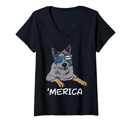 Womens Merica Heeler Cattle Dog American USA 4th Of July Fourth Dog V-Neck T-Shirt, Black