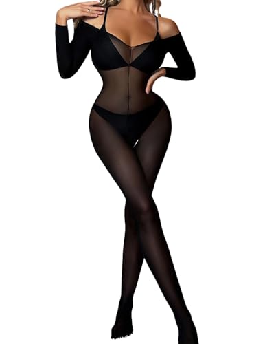 Femme Sexy Maille Bodytocking Manches Longues Body Lingerie Transparent Combinaison Bodysuit Ouvert Collant Une Pièce Nuisette Élastique Catsuit...