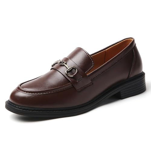QJN Penny Loafers for Women Comfortable Brown Leather Business Professional Shoes Womens Penny Loafers & Slip-Ons Ladies Round Toe Low Heel Flats Office Work Casual Dressy Shoes Size 7.5