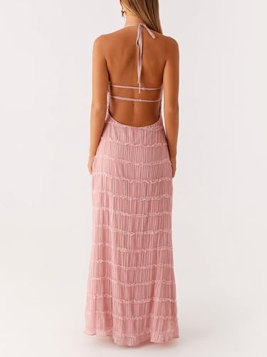 Image of Women Summer Halter Neck Maxi Dress Flowy Ruffle Tiered Sleeveless Sundress Boho Backless Spaghetti Strap Long Dress