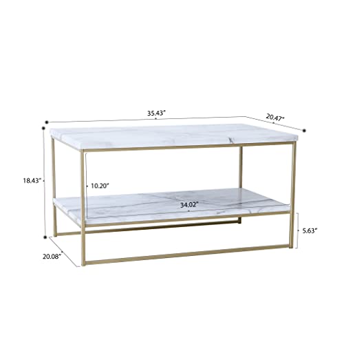 Roomfitters Marble Coffee Table, Center Table For Living Room, Cocktail Table With Storage (2-Tier, Rectangle, White Marble Print) #TOP1