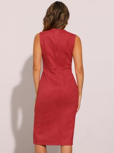 Image of Allegra K Faux Suede Dresses for Women's Sleeveless Crewneck Split Hem Work Office Sheath Dress