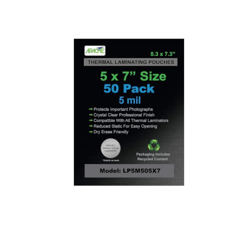 Image of Apache 5x7 inch Size Laminating Pouches, 5 Mil, 50 Pack, 5.3 x 7.3 inch | Holds 5 x 7 Inch Projects, Thermal Laminator Compatible Laminating Sheets, Super Clear, Round Corners