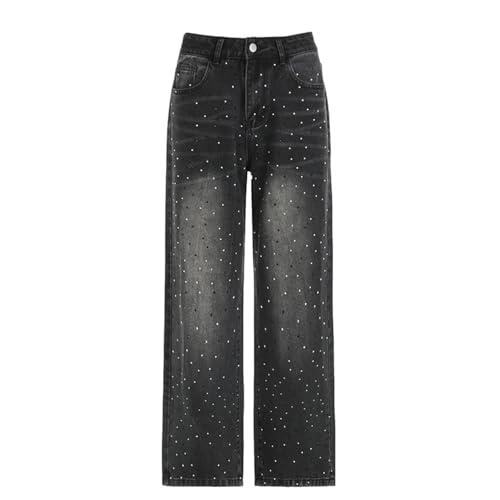 Image of Womens Rhinestone Jeans Baggy Straight Leg High Waisted Beaded Denim Trousers Loose Fit Casual Wide Leg Trouser Fashion Party Club Nightout Street Outfits Dark Gray