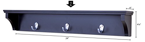 Ballucci Coat Rack With Shelf, 24" Wall Shelf With Hooks, Wood Entryway Organizer Hat And Key Rack With 3 Metal Hooks, Black #TOP4