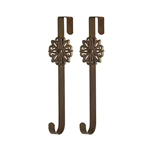Retrome Decorative Christmas Wreath Hanger for Front Door, Cast Iron Ornate Flower Accent, Brown