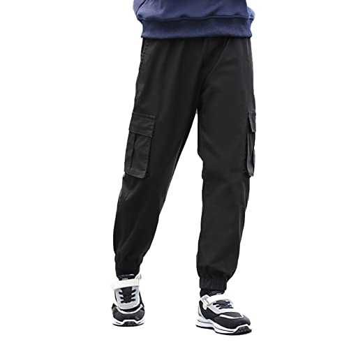 Black Cargo Pants Boys Husky Sweatpants Woven Pull On Cargo Jogger Pants Solid Drawstring Youth Y2K Cargo Pants Boys School Pants For Boys Hiking Hip Dance Outfits For Kids Black 9-10 Years #TOP27