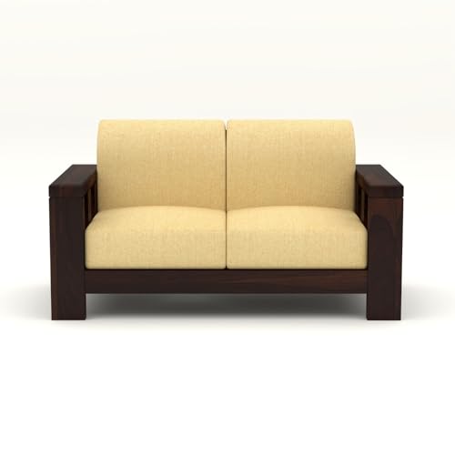 Image of NATRAJ ART & CRAFT Solid Wood 2 Seater Sofa for Living Room | Wooden Frame Fabric Cushioned Loveseat Sofa with Armrests| Modern Comfortable Couch for Home & Office (Walnut Finish)