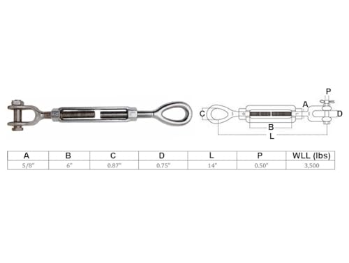 Tensores para cables Quijada 5/8" x 6" acero inoxidable T316 con carga máxima de 3,500 Lbs miniatura 2