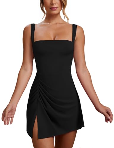 WISFRUIT Women's Sexy Square Neck Mini Dress Sleeveless Bodycon Ruched Split Party Club Short Tank Dresses3