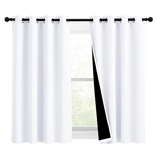 Image of NICETOWN White 100% Blackout Curtains for Windows, Pack of 2, 46 inch W x 45 inch L, Super Heavy-Duty Black Lined Total Darkness Drapes for Bedroom, Privacy Assured Window Treatment for Patio