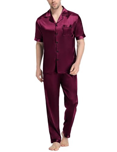 SWOMOG Conjunto de pijama de satén de seda para hombre, camisa de manga corta con botones y pantalones largos, pijama sedoso con cuello de muesca, Vino Oscuro Rojo, S