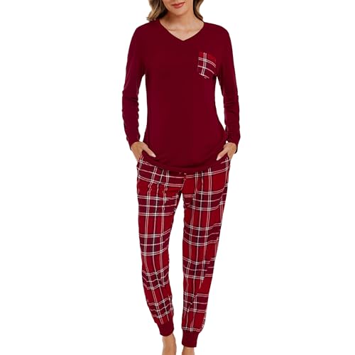 SHCNSJC Damen Langer Schlafanzug Zweiteiliger Pyjama Set Winter Damen Hausanzug Langarm Nachtwäsche mit Karierter Hose,Weinrot,S