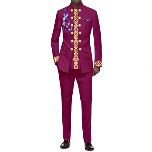 Image of Ourmoon African Men Traditional Clothing Set Dashiki Shirts and Pants 2 Piece Set Ethnic Tribal Suit Formal Suit Tracksuit(Purple,X-Large)