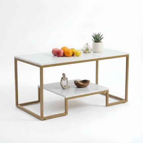 Image of Alivio 2-Tier Modern Industrial Coffee Table with Metal Frame & Wooden Top – Dual Storage Shelves, Sturdy Center Table for Living Room, Home & Office (White)