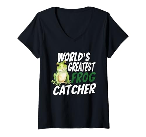 Womens World’s Greatest Frog Catcher Funny Amphibian Lover V-Neck T-Shirt