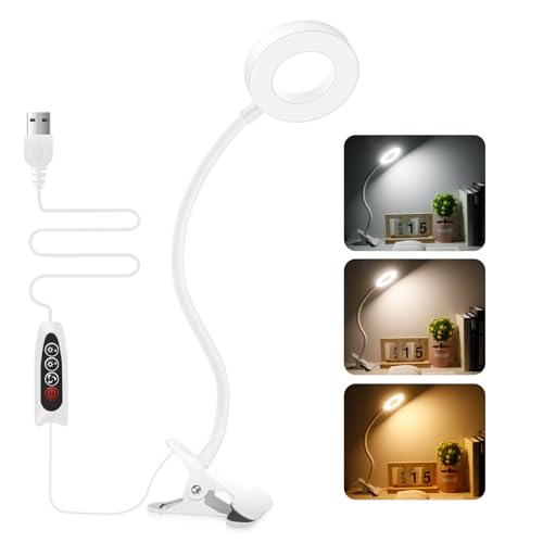 Akynite 48 LED Klemmleuchte mit 3 Farbwechsel und 10 Helligkeit, USB Schwanenhals Klemmlampe Flexibel mit Kabel, Leselampe Bett Kopfeil Klemme, Clip on LED Schreibtischlampe Weiss