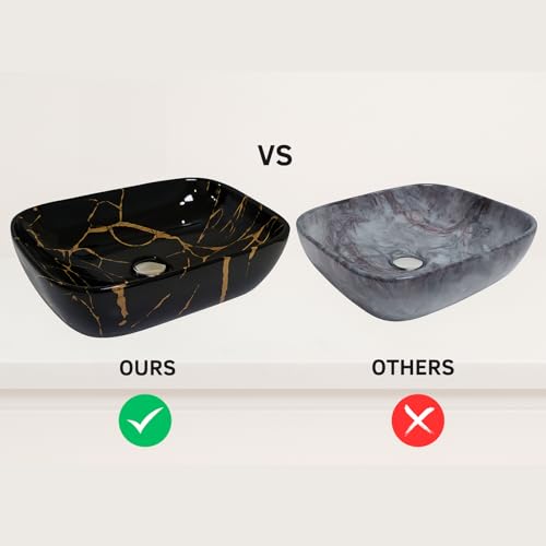 Image of Ceramic Tabletop Wash Basin - Glossy Rectangular Countertop Vessel Sink with Marble Finish for Bathroom & Vanity | Compact 18 x 13 x 5 Inch | Elegant Washbasin