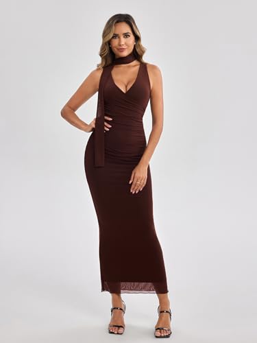 Women's Bodycon Maxi Dress V Neck Sleeveless Ruched Formal Wedding Guest Party Long Dresses with Scarf2
