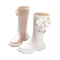 Girls Winter Leather Boots Tall Thermal Fur Lined Snow Booties for Kids, Non-Slip Sole Waterproof Ankle Boots Princess Bow Long Boots Comfortable White